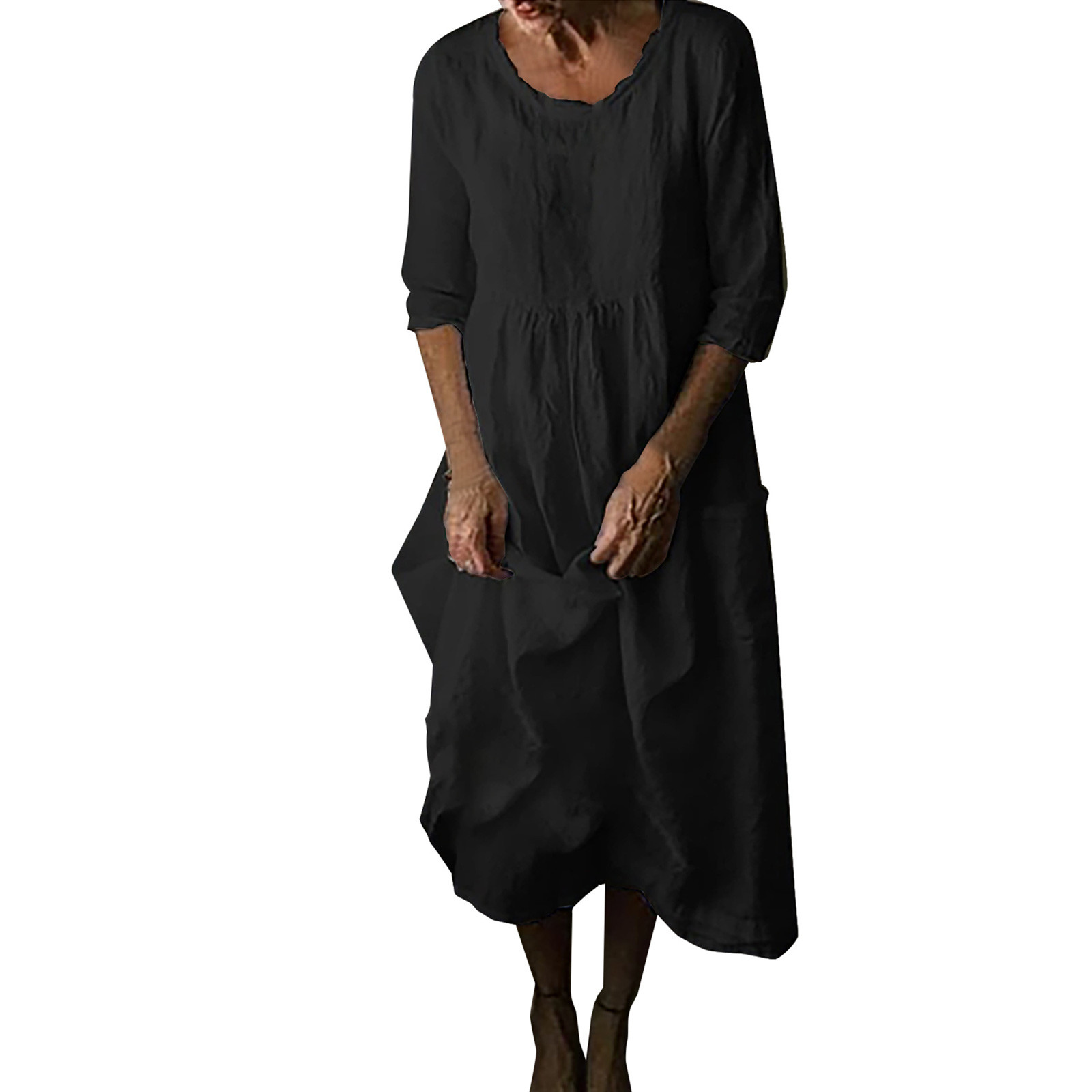 QUYUON Trendy Dresses for Women 2023 Clearance Winter Casual Round Neck 1/2 Sleeve Pocket Long Dress Birthday Dresses Ankle Length Embellished Dress Style D-4937 Black XL